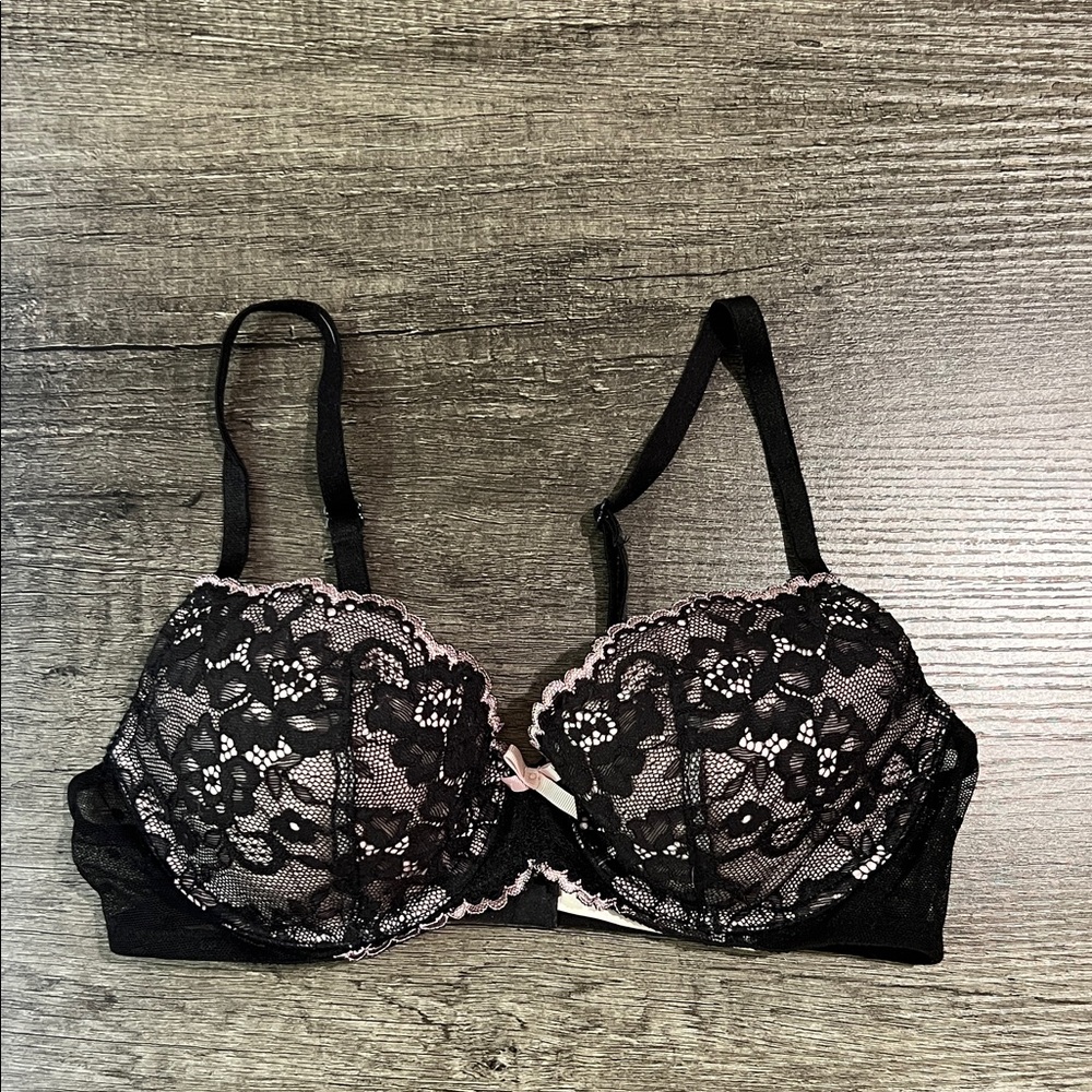 Victoria's Secret Black Lace Bra with Pink Trim